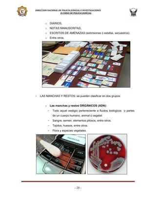 DIRECCION NACIONAL DE POLICIA JUDICIAL E INVESTIGACIONES
II CURSO DE POLICIA JUDICIAL

o
o

NOTAS MANUSCRITAS,

o

ESCRITOS DE AMENAZAS (extorsiones o estafas, secuestros).

o

-

DIARIOS,

Entre otros.

LAS MANCHAS Y RESTOS: se pueden clasificar en dos grupos:
o

Las manchas y restos ORGÁNICOS (ADN):
-

Todo aquel vestigio perteneciente a fluidos biológicos o partes
de un cuerpo humano, animal o vegetal:

-

Sangre, semen, elementos pilosos, entre otros.

-

Tejidos, huesos, entre otros.

-

Flora y especies vegetales.

- 20 -

 