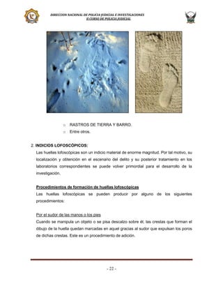 DIRECCION NACIONAL DE POLICIA JUDICIAL E INVESTIGACIONES
II CURSO DE POLICIA JUDICIAL

o

RASTROS DE TIERRA Y BARRO.

o

Entre otros.

2. INDICIOS LOFOSCÓPICOS:
Las huellas lofoscópicas son un indicio material de enorme magnitud. Por tal motivo, su
localización y obtención en el escenario del delito y su posterior tratamiento en los
laboratorios correspondientes se puede volver primordial para el desarrollo de la
investigación.

Procedimientos de formación de huellas lofoscópicas
Las huellas lofoscópicas se pueden producir por alguno de los siguientes
procedimientos:

Por el sudor de las manos o los pies
Cuando se manipula un objeto o se pisa descalzo sobre él, las crestas que forman el
dibujo de la huella quedan marcadas en aquel gracias al sudor que expulsan los poros
de dichas crestas. Este es un procedimiento de adición.

- 22 -

 