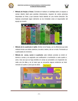 DIRECCION NACIONAL DE POLICIA JUDICIAL E INVESTIGACIONES
II CURSO DE POLICIA JUDICIAL

 Método de franjas o líneas: Consiste en realizar un rastrillaje sobre un espacio a
campo abierto ideal para grandes dimensiones, requiere de varias personas
dispuestas en línea y que avanzan hacia delante en una misma dirección. De
haberse encontrado algún elemento se da inmediato aviso al responsable del
equipo sin tocarlo.



Método de la cuadricula ó rejilla: Similar al de franjas, con la diferencia que este
método brinda una doble cobertura, de este a oeste y de sur a norte. Formando un
cuadriculado en el terreno.



Método de

zonas, sector ó cuadrante: este método consiste en dividir el

terreno a zonas y en asignarle una codificación o numeración a cada cuadro o
zona. Una vez que se haya dividido en zonas se procederá a la inspección de
cada una de ellas y en el caso que se encuentre alguna evidencia se hará
mención al cuadro o zona que se ubicó.

-6-

Por Zonas

 