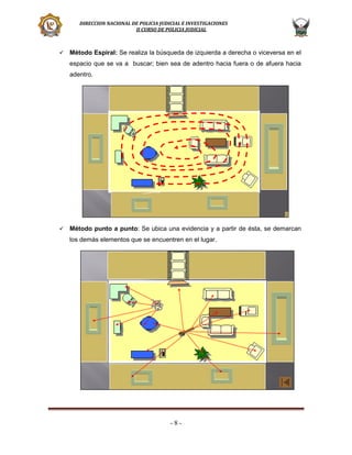DIRECCION NACIONAL DE POLICIA JUDICIAL E INVESTIGACIONES
II CURSO DE POLICIA JUDICIAL



Método Espiral: Se realiza la búsqueda de izquierda a derecha o viceversa en el
espacio que se va a buscar; bien sea de adentro hacia fuera o de afuera hacia
adentro.



Método punto a punto: Se ubica una evidencia y a partir de ésta, se demarcan
los demás elementos que se encuentren en el lugar.

-8-

 