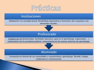Alumnado
Formación en función de sus necesidades y características, aprendizaje flexible, trabajo
colaborativo y comunicación.
Profesorado
Cambios de rol (dinamizador, facilitador educativo, guía en el aprendizaje, organizador,…),
compromiso con la enseñanza abierta, conocimiento en los nuevos entornos de aprendizaje.
Instituciones
Adaptación a la sociedad actual, flexibilidad organizativa y funcional y dar respuesta a las
demandas sociales.
 