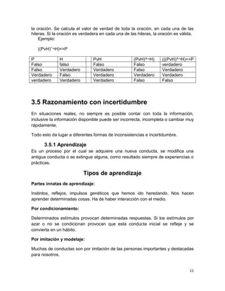 11
la oración. Se calcula el valor de verdad de toda la oración, en cada una de las
hileras. Si la oración es verdadera en cada una de las hileras, la oración es válida.
Ejemplo:
((PvH)ˆ¬H)=>P
P H PvH (PvH)^¬H) (((PvH)^¬H)=>P
Falso falso Falso Falso verdadero
Falso Verdadero Verdadero Falso Verdadero
Verdadero Falso Verdadero Verdadero Verdadero
verdadero Verdadero Verdadero Falso Falso
3.5 Razonamiento con incertidumbre
En situaciones reales, no siempre es posible contar con toda la información,
inclusive la información disponible puede ser incorrecta, incompleta o cambiar muy
rápidamente.
Todo esto da lugar a diferentes formas de inconsistencias e incertidumbre.
3.5.1 Aprendizaje
Es un proceso por el cual se adquiere una nueva conducta, se modifica una
antigua conducta o se extingue alguna, como resultado siempre de experiencias o
prácticas.
Tipos de aprendizaje
Partes innatas de aprendizaje:
Instintos, reflejos, impulsos genéticos que hemos ido heredando. Nos hacen
aprender determinadas cosas. Ha de haber interacción con el medio.
Por condicionamiento:
Determinados estímulos provocan determinadas respuestas. Si los estímulos por
azar o no se condicionan provocan que esta conducta inicial se refleje y se
convierta en un hábito.
Por imitación y modelaje:
Muchas de conductas son por imitación de las personas importantes y destacadas
para nosotros.
 
