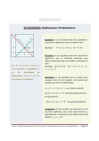 DESARROLLO
ECUACIONES: Definiciones Preliminares

Igualdad: es una relación donde dos cantidades o
expresiones algebraicas tienen el mismo valor.
Ejemplos:

Una de las grandes diferencias
entre Ecuación e Identidad, es
que

las

identidades

Ecuación: es una igualdad entre dos expresiones
algebraicas que es verificada solamente para
valores particulares de las variables contenidas en
ellas.
Ejemplos: a) 8x + 9 = 25 b) t 2 − 9t + 1 = t + 3 c)
x + y = 2y − 5.

se

demuestran, mientras que las
ecuaciones se resuelven.

5 = 3 + 2 ; a = b - c; 3x + 7 = 16.

Identidad: es una igualdad que se verifica para
cualquier valor de las variables. Así tenemos por
ejemplo que estas son identidades:

( x + y ) 2 = x 2 + 2 xy + y 2
Sen 2α + Cos 2α = 1

Producto notable
Identidad fundamental de

la trigonometría

− 3(2 x + 1) = −6 x − 3

Propiedad Distributiva

Incógnitas: son las variables que aparecen en una
ecuación algebraica, cuyo valor desconocemos y
generalmente se denotan por las últimas letras del
alfabeto x , y , z , w, etc.

UNEF–CURSO INTEGRAL DE NIVELACIÓN UNIVERSITARIA (CINU)- MATEMÁTICA

Página 8

 