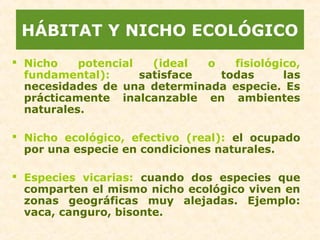 HÁBITAT Y NICHO ECOLÓGICO
 Nicho potencial (ideal o fisiológico,
fundamental): satisface todas las
necesidades de una determinada especie. Es
prácticamente inalcanzable en ambientes
naturales.
 Nicho ecológico, efectivo (real): el ocupado
por una especie en condiciones naturales.
 Especies vicarias: cuando dos especies que
comparten el mismo nicho ecológico viven en
zonas geográficas muy alejadas. Ejemplo:
vaca, canguro, bisonte.
 