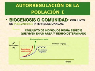 • BIOCENOSIS O COMUNIDADBIOCENOSIS O COMUNIDAD: CONJUNTO
DE POBLACIONESPOBLACIONES INTERRELACIONADAS.
AUTORREGULACIÓN DE LA
POBLACIÓN I
CONJUNTO DE INDIVIDUOS MISMA ESPECIECONJUNTO DE INDIVIDUOS MISMA ESPECIE
QUE VIVEN EN UN ÁREA Y TIEMPO DETERMINADOQUE VIVEN EN UN ÁREA Y TIEMPO DETERMINADO
Límite de carga (k)
Tiempo
Nº
individuos
(N)
Crecimiento
exponencial
Crecimiento
logístico
Resistencia ambiental
 