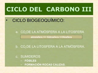 • CICLO BIOGEOQUÍMICO:
a. CO2 DE LA ATMÓSFERA A LA LITOSFERA
b. CO2 DE LA LITOSFERA A LA ATMÓSFERA.
c. SUMIDEROS
– FÓSILES
– FORMACIÓN ROCAS CALIZAS.
CICLO DEL CARBONO III
atmósfera => hidrosfera =>litosfera
 