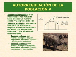 AUTORREGULACIÓN DE LA
POBLACIÓN V
• Especies amenazadasEspecies amenazadas: nº de
individuos se han reducido
hasta alcanzar un número
crítico => peligro de extinción
• Valencia ecológicaValencia ecológica: intervalo de
tolerancia de una especie
respecto a un factor cualquiera
del medio (luz, temperatura,
humedad…) que actúa como
factor limitante.
– Especies eurioicasEspecies eurioicas: con
valencia ecológicas de gran
amplitud de tolerancia. Especies
r estrategas => generalitas.
– Especies estenoicasEspecies estenoicas: con
valencia ecológica de pequeña
amplitud de tolerancia. Especies
k estrategas => especialistas.
Nº
individuos
Especie esteoica
Especie
eurinoica
 
