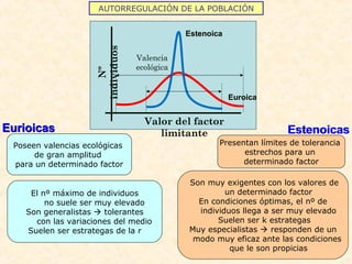 EstenoicasEstenoicasEurioicasEurioicas
AUTORREGULACIÓN DE LA POBLACIÓN
Poseen valencias ecológicas
de gran amplitud
para un determinado factor
Presentan límites de tolerancia
estrechos para un
determinado factor
Nº
individuos
Valor del factor
limitante
Valencia
ecológica
EstenoicaEstenoica
EuroicaEuroica
El nº máximo de individuos
no suele ser muy elevado
Son generalistas  tolerantes
con las variaciones del medio
Suelen ser estrategas de la r
Son muy exigentes con los valores de
un determinado factor
En condiciones óptimas, el nº de
individuos llega a ser muy elevado
Suelen ser k estrategas
Muy especialistas  responden de un
modo muy eficaz ante las condiciones
que le son propicias
 