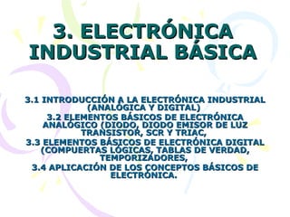 3. ELECTRÓNICA3. ELECTRÓNICA
INDUSTRIAL BÁSICAINDUSTRIAL BÁSICA
3.1 INTRODUCCIÓN A LA ELECTRÓNICA INDUSTRIAL3.1 INTRODUCCIÓN A LA ELECTRÓNICA INDUSTRIAL
(ANALÓGICA Y DIGITAL)(ANALÓGICA Y DIGITAL)
3.2 ELEMENTOS BÁSICOS DE ELECTRÓNICA3.2 ELEMENTOS BÁSICOS DE ELECTRÓNICA
ANALÓGICO (DIODO, DIODO EMISOR DE LUZANALÓGICO (DIODO, DIODO EMISOR DE LUZ
TRANSISTOR, SCR Y TRIAC,TRANSISTOR, SCR Y TRIAC,
3.3 ELEMENTOS BÁSICOS DE ELECTRÓNICA DIGITAL3.3 ELEMENTOS BÁSICOS DE ELECTRÓNICA DIGITAL
(COMPUERTAS LÓGICAS, TABLAS DE VERDAD,(COMPUERTAS LÓGICAS, TABLAS DE VERDAD,
TEMPORIZADORES,TEMPORIZADORES,
3.4 APLICACIÓN DE LOS CONCEPTOS BÁSICOS DE3.4 APLICACIÓN DE LOS CONCEPTOS BÁSICOS DE
ELECTRÓNICA.ELECTRÓNICA.
 