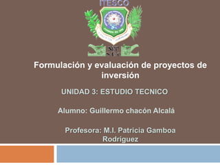Formulación y evaluación de proyectos de
inversión
Alumno: Guillermo chacón Alcalá
Profesora: M.I. Patricia Gamboa
Rodríguez
UNIDAD 3: ESTUDIO TECNICO
 