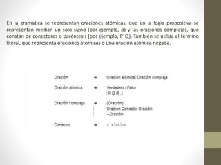 En la gramatica se representan oraciones atómicas, que en la logia propositiva se
representan median un solo signo (por ejemplo, p) y las oraciones complejas, que
constan de conectores o paréntesis (por ejemplo, PˆQ). También se utiliza el término
literal, que representa oraciones atomicas o una oración atómica negada.
 