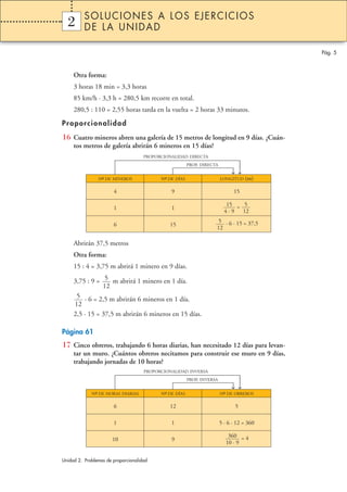 SOLUCIONES A LOS EJERCICIOS
  2
  1       DE LA UNIDAD

                                                                                           Pág. 5



     Otra forma:
     3 horas 18 min = 3,3 horas
     85 km/h · 3,3 h = 280,5 km recorre en total.
     280,5 : 110 = 2,55 horas tarda en la vuelta = 2 horas 33 minutos.
Proporcionalidad
16 Cuatro mineros abren una galería de 15 metros de longitud en 9 días. ¿Cuán-
     tos metros de galería abrirán 6 mineros en 15 días?
                                     PROPORCIONALIDAD DIRECTA




                                                                            →
                                                        PROP. DIRECTA




                                                                             →
                Nº DE MINEROS
                 –                         Nº DE DÍAS
                                            –                           LONGITUD   (m)

                       4                       9                              15

                                                                           15 = 5
                       1                       1
                                                                          4 · 9 12
                                                                     5 · 6 · 15 = 37,5
                       6                      15
                                                                    12

     Abrirán 37,5 metros
     Otra forma:
     15 : 4 = 3,75 m abrirá 1 minero en 9 días.

     3,75 : 9 = 5 m abrirá 1 minero en 1 día.
                12
      5 · 6 = 2,5 m abrirán 6 mineros en 1 día.
     12
     2,5 · 15 = 37,5 m abrirán 6 mineros en 15 días.

Página 61
17 Cinco obreros, trabajando 6 horas diarias, han necesitado 12 días para levan-
     tar un muro. ¿Cuántos obreros necitamos para construir ese muro en 9 días,
     trabajando jornadas de 10 horas?
                                     PROPORCIONALIDAD INVERSA
                                                                            →




                                                        PROP. INVERSA
                                                                             →




             Nº DE HORAS DIARIAS
              –                            Nº DE DÍAS
                                            –                           Nº DE OBREROS
                                                                         –

                       6                      12                               5

                       1                       1                        5 · 6 · 12 = 360

                                                                            360 = 4
                       10                      9
                                                                           10 · 9


Unidad 2. Problemas de proporcionalidad
 