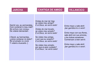 JARCHA CANTIGA DE AMIGO VILLANCICO
Garrid vos, ay yermanelas,
Com contener e meu mali?
Sin el Aviv non vivreyu
De volarei demandari.
[ Decid, ay hermanitas,
¿cómo contener mi dolor?
Sin el amado no viviré
Y volaré a buscarlo. ]
Ondas do mar de Vigo
se vistes meu amigo?
E ai Deus, se verra cedo!
Ondas do mar levado,
se vistes meu amado?
E ai Deus, se verra cedo!
Se vistes meu amigo,
o por que eu sospiro?
E ai Deus, se verra cedo!
Se vistes meu amado,
por que ei gran cuidado?
E ai Deus , se verrá cedo!
Entra mayo y sale abril:
¡tan garridico lo vi venir!
Entra mayo con sus flores,
sale abril con sus amores,
y los dulces amadores ,
Comienzan a bien servir.
Entra mayo y sale abril:
¡tan garridico lo vi venir!.
 