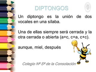 Un diptongo es la unión de dos
vocales en una sílaba.
Una de ellas siempre será cerrada y la
otra cerrada o abierta (a+c, c+a, c+c).
aunque, miel, después
 