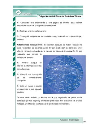 246
1.- Consultaré una enciclopedia y una página de Internet para obtener
información sobre las principales constelaciones
2.- Realizaré una visita al planetario
3.- Conseguiré imágenes de las constelaciones y realizaré mis propios dibujos,
etcétera
Autoinform es retrospectivos: Se realizan después de haber realizado la
tarea y describen las acciones que se llevaron a cabo con ese cometido. En el
informe retroactivo describirás, a manera de diario de investigación, lo que
realizaste para concluir tu
trabajo, por ejemplo:
1.- Primero busqué en
Internet la información de las
constelaciones.
2.- Compré una monograf ía
de las constelaciones
principales.
3.- Visité un museo y redacté
un reporte de lo que observé,
etcétera.
De esta forma tendrás un informe en el que registrarás los pasos de la
estrategia que has elegido y tendrás la oportunidad de ir evaluando tus propios
métodos, y verificando su eficacia o la oportunidad de mejorarse.
 