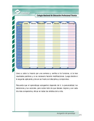 273
Lleva a cabo tu horario por una semana y verifica si te funciona, si te trae
resultados positivos y si es necesario hacerle modificaciones. Luego decide si
lo seguirás aplicando y deser así hazlo con disciplina y compromiso.
Recuerda que el aprendizaje autogestivo depende de ti, tu personalidad, tus
decisiones y tus acciones, pero sobre todo de que desees mejorar y ser cada
día más competentey eficaz en todos los ámbitos detu vida.
 