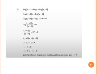 63
   
2.) log 1 log log 9
y y y
   
   
log 1 log 9
y y y
  
   
log 1 log 9 0
y y y
   
 
 
1
log 0
9
y y
y



 
 
0
1
10 1
9
y y
y

 

   
1 9
y y y
  
2
9
y y y
  
2
9 0
y  
3 o 3
y y
  
pero la solución negativa no puede aceptarse, de modo que 3
y 
 
