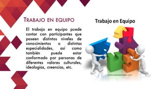 El trabajo en equipo puede
contar con participantes que
poseen distintos niveles de
conocimientos o distintas
especialidades, así como
también puede estar
conformado por personas de
diferentes valores culturales,
ideologías, creencias, etc.
TRABAJO EN EQUIPO
 