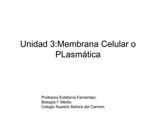 Unidad 3:Membrana Celular o
PLasmática
Profesora Estefanía Fernández.
Biología I° Medio.
Colegio Nuestra Señora del Carmen.
 