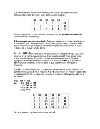 que se debe hacer es utilizar la tabla final del simplex del escenario base,
actualizando el lado derecho y valor de la función objetivo.
X1 X2 X3 X4 X5
0 -1 5 1 -1 -10
1 4 -1 0 1 30
0 1 1 0 2 60
Posteriormente, se continua iterando haciendo uso del Método Simplex Dual.
(Ver referencia a la derecha).
2. Inclusión de una nueva variable: Debemos evaluar si la nueva variable es un
aporte significativo a los resultados del modelo original. Luego, para decir si la
actual solución básica es óptima para el nuevo problema, calculamos el costo
reducido de la nueva variable como:
donde k es el índice de la nueva variable y Ak su respectiva
columna en la matriz de coeficientes. Si se cumple que rk>=0 se conserva la
actual solución óptima. En caso contrario, se puede seguir con el Simplex
agregando a la tabla una nueva columna con entradas B-1Ak y rk y tomando
como variable entrante a la nueva base la que acabamos de introducir al
problema.
EJEMPLO: Se desea estudiar la posibilidad de elaborar un nuevo producto con
beneficio neto igual a 8 y que requiere 4, 2 y 5 unidades de los recursos asociados
a cada restricción. Sin resolver nuevamente el problema, ¿Conviene elaborar el
producto?
Max 9x1 + 12x2
sa: 4x1 + 3x2 <= 180
2x1 + 3x2 <= 150
4x1 + 2x2 <= 160
x1,x2 >= 0
X1 X2 X3 X4 X5
1 0 1/2 -1/2 0 15
0 1 -1/3 2/3 0 40
0 0 -4/3 2/3 1 20
0 0 1/2 7/2 0 615
Se debe evaluar rk y determinar si este es >=0.
 