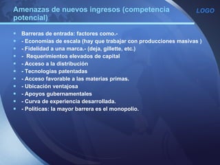 Amenazas de nuevos ingresos (competencia potencial) Barreras de entrada: factores como.- - Economías de escala (hay que trabajar con producciones masivas ) - Fidelidad a una marca.- (deja, gillette, etc.) -  Requerimientos elevados de capital - Acceso a la distribución  - Tecnologías patentadas - Acceso favorable a las materias primas. - Ubicación ventajosa - Apoyos gubernamentales - Curva de experiencia desarrollada. - Políticas: la mayor barrera es el monopolio. 