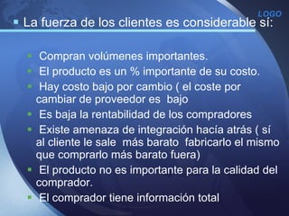 La fuerza de los clientes es considerable sí:   Compran volúmenes importantes. El producto es un % importante de su costo. Hay costo bajo por cambio ( el coste por cambiar de proveedor es  bajo Es baja la rentabilidad de los compradores Existe amenaza de integración hacía atrás ( sí al cliente le sale  más barato  fabricarlo el mismo que comprarlo más barato fuera) El producto no es importante para la calidad del comprador. El comprador tiene información total  