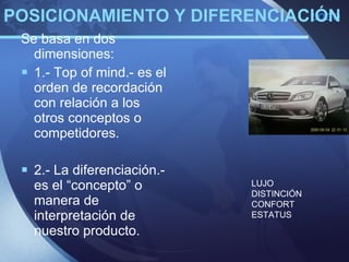 POSICIONAMIENTO Y DIFERENCIACIÓN   Se basa en dos dimensiones: 1.- Top of mind.- es el orden de recordación con relación a los otros conceptos o competidores. 2.- La diferenciación.- es el “concepto” o manera de interpretación de nuestro producto. LUJO DISTINCIÓN CONFORT ESTATUS 