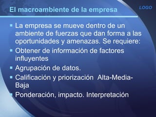 La empresa se mueve dentro de un ambiente de fuerzas que dan forma a las oportunidades y amenazas. Se requiere: Obtener de información de factores influyentes Agrupación de datos. Calificación y priorización  Alta-Media-Baja Ponderación, impacto. Interpretación El macroambiente de la empresa 