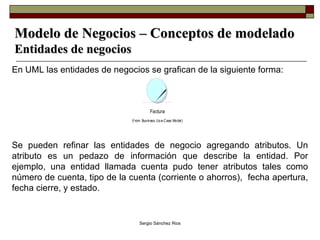 Modelo de Negocios – Conceptos de modelado Entidades de negocios En UML las entidades de negocios se grafican de la siguiente forma: Se pueden refinar las entidades de negocio agregando atributos. Un atributo es un pedazo de información que describe la entidad. Por ejemplo, una entidad llamada cuenta pudo tener atributos tales como número de cuenta, tipo de la cuenta (corriente o ahorros),  fecha apertura, fecha cierre, y estado. 