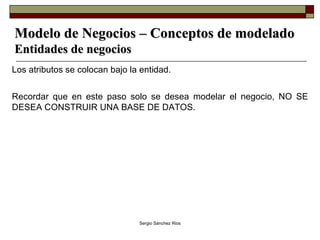 Modelo de Negocios – Conceptos de modelado Entidades de negocios Los atributos se colocan bajo la entidad. Recordar que en este paso solo se desea modelar el negocio, NO SE DESEA CONSTRUIR UNA BASE DE DATOS. 