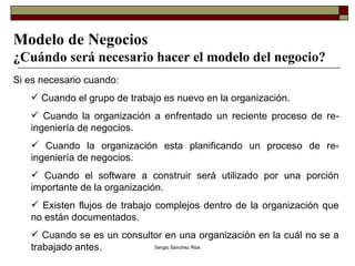 Modelo de Negocios ¿Cuándo será necesario hacer el modelo del negocio? Si es necesario cuando: Cuando el grupo de trabajo es nuevo en la organización. Cuando la organización a enfrentado un reciente proceso de re-ingeniería de negocios. Cuando la organización esta planificando un proceso de re-ingeniería de negocios. Cuando el software a construir será utilizado por una porción importante de la organización. Existen flujos de trabajo complejos dentro de la organización que no están documentados. Cuando se es un consultor en una organización en la cuál no se a trabajado antes. 
