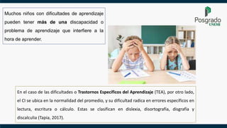Muchos niños con dificultades de aprendizaje
pueden tener más de una discapacidad o
problema de aprendizaje que interfiere a la
hora de aprender.
En el caso de las dificultades o Trastornos Específicos del Aprendizaje (TEA), por otro lado,
el CI se ubica en la normalidad del promedio, y su dificultad radica en errores específicos en
lectura, escritura o cálculo. Estas se clasifican en dislexia, disortografía, disgrafía y
discalculia (Tapia, 2017).
 