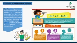 Si hablamos del procesamiento cognitivo:
Atención: Discernir la
información relevante, prestar
atención o mantenerse
concentrado en un misma
tarea un tiempo determinado
son algunas de las dificultades
que pueden detectarse en
niños o niñas que tengan TDA
o TDAH. (Trastorno de déficit
de atención con
hiperactividad)
 