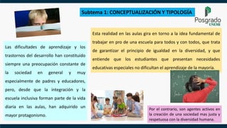 Las dificultades de aprendizaje y los
trastornos del desarrollo han constituido
siempre una preocupación constante de
la sociedad en general y muy
especialmente de padres y educadores,
pero, desde que la integración y la
escuela inclusiva forman parte de la vida
diaria en las aulas, han adquirido un
mayor protagonismo.
Esta realidad en las aulas gira en torno a la idea fundamental de
trabajar en pro de una escuela para todos y con todos, que trata
de garantizar el principio de igualdad en la diversidad, y que
entiende que los estudiantes que presentan necesidades
educativas especiales no dificultan el aprendizaje de la mayoría.
Por el contrario, son agentes activos en
la creación de una sociedad mas justa y
respetuosa con la diversidad humana.
Subtema 1: CONCEPTUALIZACIÓN Y TIPOLOGÍA
 