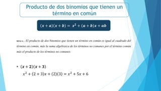 Producto de dos binomios que tienen un
término en común
𝒙 + 𝒂 𝒙 + 𝒃 = 𝒙𝟐
+ 𝒂 + 𝒃 𝒙 + 𝒂𝒃
REGLA. - El producto de dos binomios que tienen un término en común es igual al cuadrado del
término en común, más la suma algebraica de los términos no comunes por el término común
más el producto de los términos no comunes.
• 𝒙 + 𝟐 𝒙 + 𝟑
𝑥2
+ 2 + 3 𝑥 + 2 3 = 𝑥2
+ 5𝑥 + 6
 