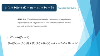 Propiedad Distributiva
b. 𝒂 + 𝒃 𝒄 + 𝒅 = 𝒂𝒄 + 𝒂𝒅 + 𝒃𝒄 + 𝒃𝒅
REGLA. - El producto de dos binomios cualesquiera es un polinomio
cuyos términos son los productos de cada término del primer binomio
por cada término del segundo binomio.
• 𝟐𝒂 + 𝒃)(𝟑𝒄 + 𝒅
2𝑎 3𝑐 + 2𝑎 𝑑 + 𝑏 3𝑐 + 𝑏 𝑑 = 6𝑎𝑐 + 2𝑎𝑑 + 3𝑏𝑐 + 𝑏𝑑
 