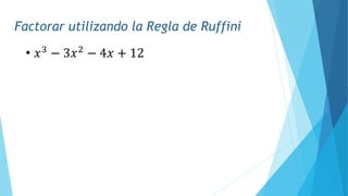 Factorar utilizando la Regla de Ruffini
• 𝑥3
− 3𝑥2
− 4𝑥 + 12
 