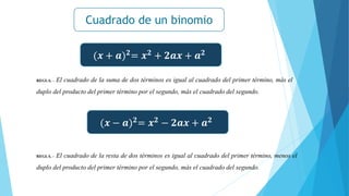 Cuadrado de un binomio
(𝒙 + 𝒂)𝟐= 𝒙𝟐 + 𝟐𝒂𝒙 + 𝒂𝟐
REGLA. - El cuadrado de la suma de dos términos es igual al cuadrado del primer término, más el
duplo del producto del primer término por el segundo, más el cuadrado del segundo.
(𝒙 − 𝒂)𝟐
= 𝒙𝟐
− 𝟐𝒂𝒙 + 𝒂𝟐
REGLA. - El cuadrado de la resta de dos términos es igual al cuadrado del primer término, menos el
duplo del producto del primer término por el segundo, más el cuadrado del segundo.
 