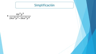 Simplificación
•
4𝑥2𝑦3
24𝑥3𝑦3−36𝑥3𝑦4
 
