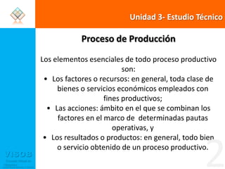 Unidad 3- Estudio TécnicoProceso de ProducciónLos elementos esenciales de todo proceso productivo son:•	Los factores o recursos: en general, toda clase de bienes o servicios económicos empleados con fines productivos;•	Las acciones: ámbito en el que se combinan los factores en el marco de  determinadas pautas operativas, y•	Los resultados o productos: en general, todo bien o servicio obtenido de un proceso productivo.2