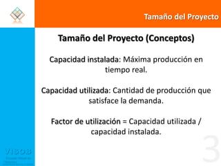 Tamaño del ProyectoTamaño del Proyecto (Conceptos)Capacidad instalada: Máxima producción en tiempo real.Capacidad utilizada: Cantidad de producción que satisface la demanda.Factor de utilización = Capacidad utilizada / capacidad instalada.3