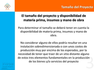 Tamaño del ProyectoEl tamaño del proyecto y disponibilidad de materia prima, insumos y mano de obraPara determinar el tamaño se deberá tener en cuenta la disponibilidad de materia prima, insumos y mano de obra. No considerar alguno de ellos podría resultar en una instalación sobredimensionada o con unos costos de producción muy por encima de los esperados, por la necesidad de tener que traer de un sitio distante alguno de estos tres elementos fundamentales en la producción de los bienes y/o servicios del proyecto3