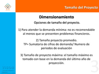Tamaño del ProyectoDimensionamientoOpciones de tamaño del proyecto.1) Para atender la demanda mínima: no es recomendable al menos que se presenten problemas financieros.2) Tamaño proyecto promedio. TP= Sumatoria de cifras de demanda/ Numero de periodos de evaluación3) Tamaño de proyecto máxima: el tamaño máximo es tomado con base en la demanda del último año de proyección.3