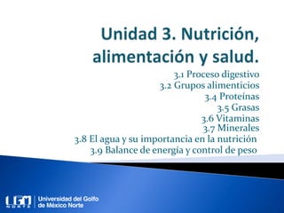3.1 Proceso digestivo
3.2 Grupos alimenticios
3.4 Proteínas
3.5 Grasas
3.6 Vitaminas
3.7 Minerales
3.8 El agua y su importancia en la nutrición
3.9 Balance de energía y control de peso
 