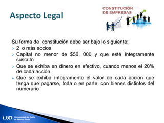 Su forma de constitución debe ser bajo lo siguiente:
 2 o más socios
 Capital no menor de $50, 000 y que esté íntegramente
suscrito
 Que se exhiba en dinero en efectivo, cuando menos el 20%
de cada acción
 Que se exhiba íntegramente el valor de cada acción que
tenga que pagarse, toda o en parte, con bienes distintos del
numerario
 