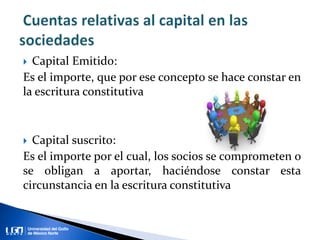  Capital Emitido:
Es el importe, que por ese concepto se hace constar en
la escritura constitutiva
 Capital suscrito:
Es el importe por el cual, los socios se comprometen o
se obligan a aportar, haciéndose constar esta
circunstancia en la escritura constitutiva
 