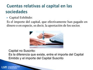  Capital Exhibido:
Es el importe del capital, que efectivamente han pagado en
dinero o en especie, es decir, la aportación de los socios
Capital no Suscrito:
Es la diferencia que existe, entre el importe del Capital
Emitido y el importe del Capital Suscrito
 