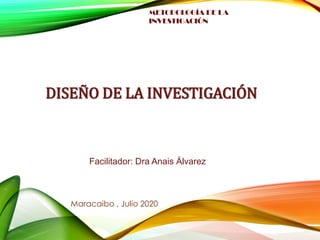 Facilitador: Dra Anais Álvarez
Maracaibo , Julio 2020
METODOLOGÍA DE LA
INVESTIGACIÓN
DISEÑO DE LA INVESTIGACIÓN
 