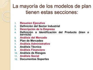 La mayoría de los modelos de plan
tienen estas secciones:
1. Resumen Ejecutivo
2. Definición del Sector Industrial
3. Descripción de la Empresa
4. Definición o Identificación del Producto (bien o
servicio)
5. Análisis del Mercado
6. Plan de Mercadeo
7. Análisis Administrativo
8. Análisis Técnico
9. Análisis Financiero
10. Análisis de Riesgos
11. Análisis Social
12. Documentos Soportes
 