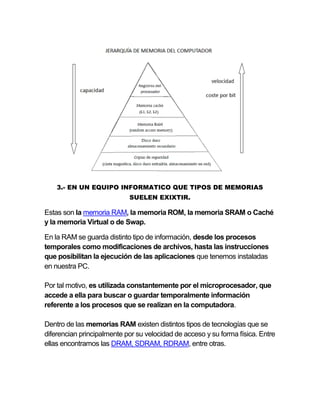 3.- EN UN EQUIPO INFORMATICO QUE TIPOS DE MEMORIAS
SUELEN EXIXTIR.
Estas son la memoria RAM, la memoria ROM, la memoria SRAM o Caché
y la memoria Virtual o de Swap.
En la RAM se guarda distinto tipo de información, desde los procesos
temporales como modificaciones de archivos, hasta las instrucciones
que posibilitan la ejecución de las aplicaciones que tenemos instaladas
en nuestra PC.
Por tal motivo, es utilizada constantemente por el microprocesador, que
accede a ella para buscar o guardar temporalmente información
referente a los procesos que se realizan en la computadora.
Dentro de las memorias RAM existen distintos tipos de tecnologías que se
diferencian principalmente por su velocidad de acceso y su forma física. Entre
ellas encontramos las DRAM, SDRAM, RDRAM, entre otras.
 